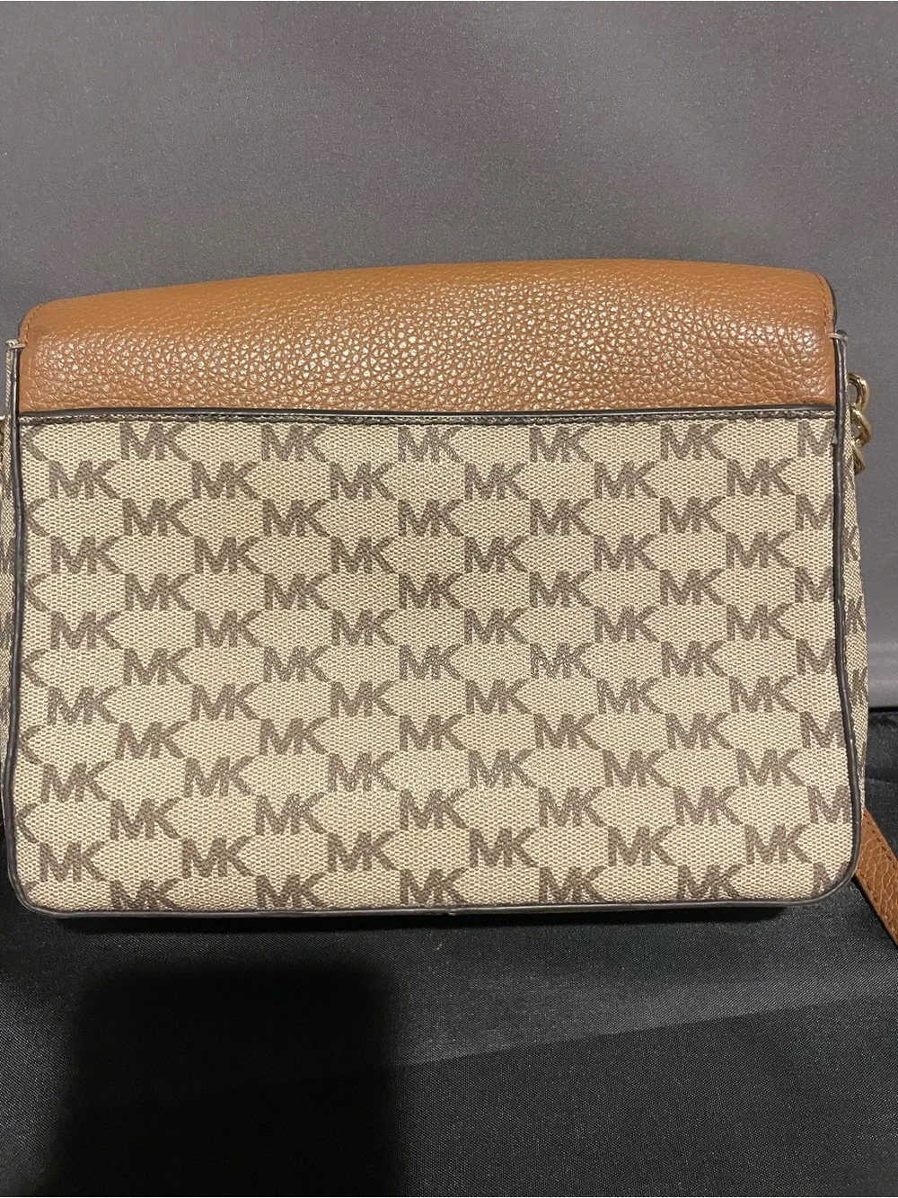 Michael Kors Brown/White Logo Crossbody Bag, Snap Closure, Gold Hardware